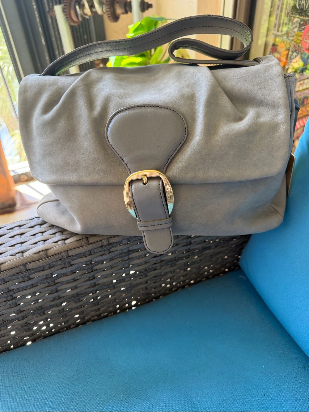 FURLA Gray Leather and Suede Shoulder Bag with Buckle Detail and hangtag